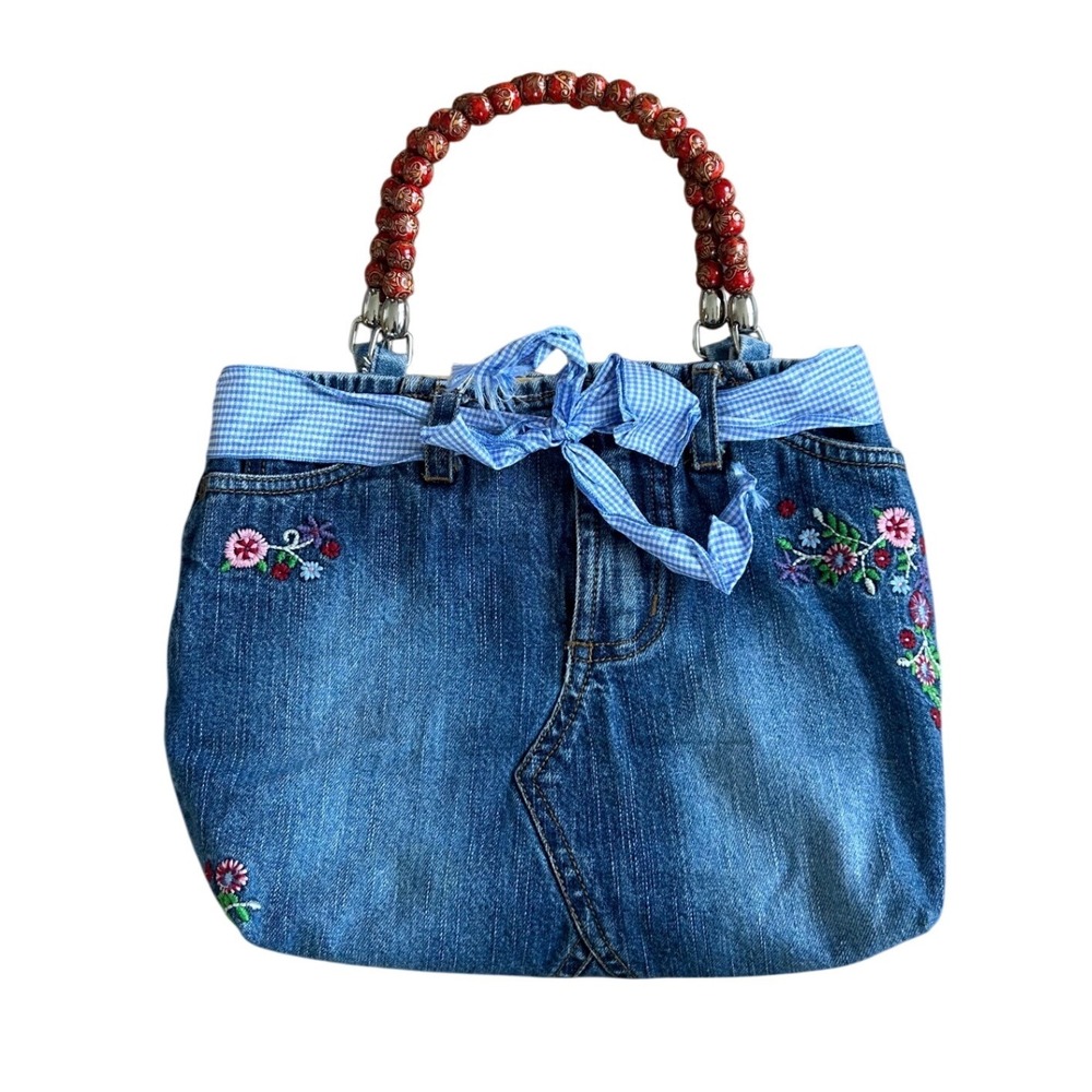 Vintage Denim jean Handbag Handmade Y2K‎ Embroidered Beaded top Handle Bag